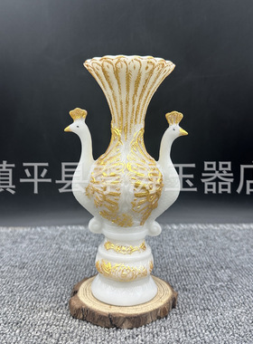 批发仿玉石双孔雀花瓶摆件 树脂孔雀瓶花瓶家居办公摆件工艺品