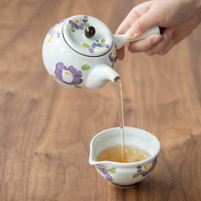 日式侧把手绘茶壶紫兰茶壶日本