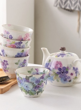 日本ceramic蓝陶瓷茶壶茶杯套装家用滤网茶具精致新年礼物