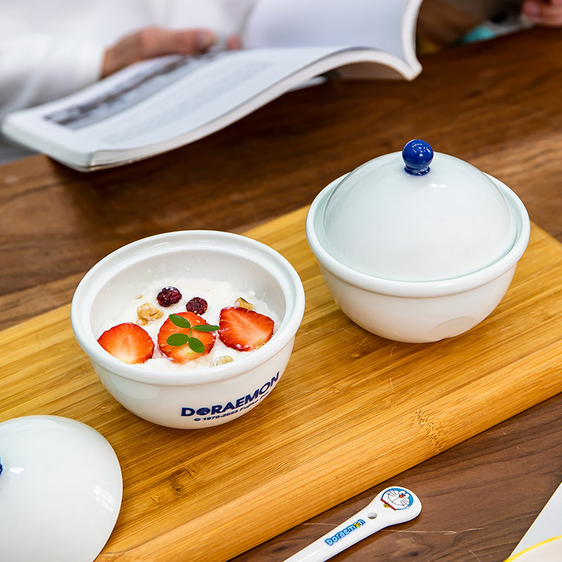 哆啦A梦白碗带盖小碗蒸蛋盖碗炖盅碗沙拉儿童碗蓝胖子陶瓷餐具