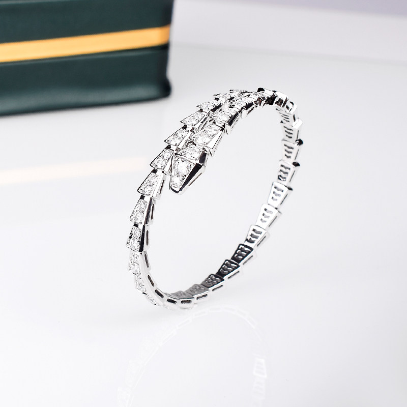 窄版高端珠宝定制 18K白金蛇形手镯满钻真钻石弹力灵蛇骨手环女