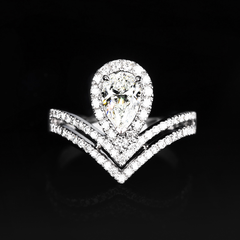 水滴皇冠钻戒女18K白金1克拉异形IGI培育钻石满钻双排V臂戒指铂金