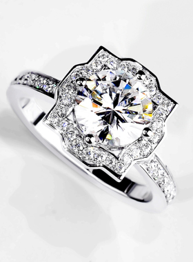 培育钻石戒指女18K白金1克拉求婚真钻戒指欧美个性HW几何围镶