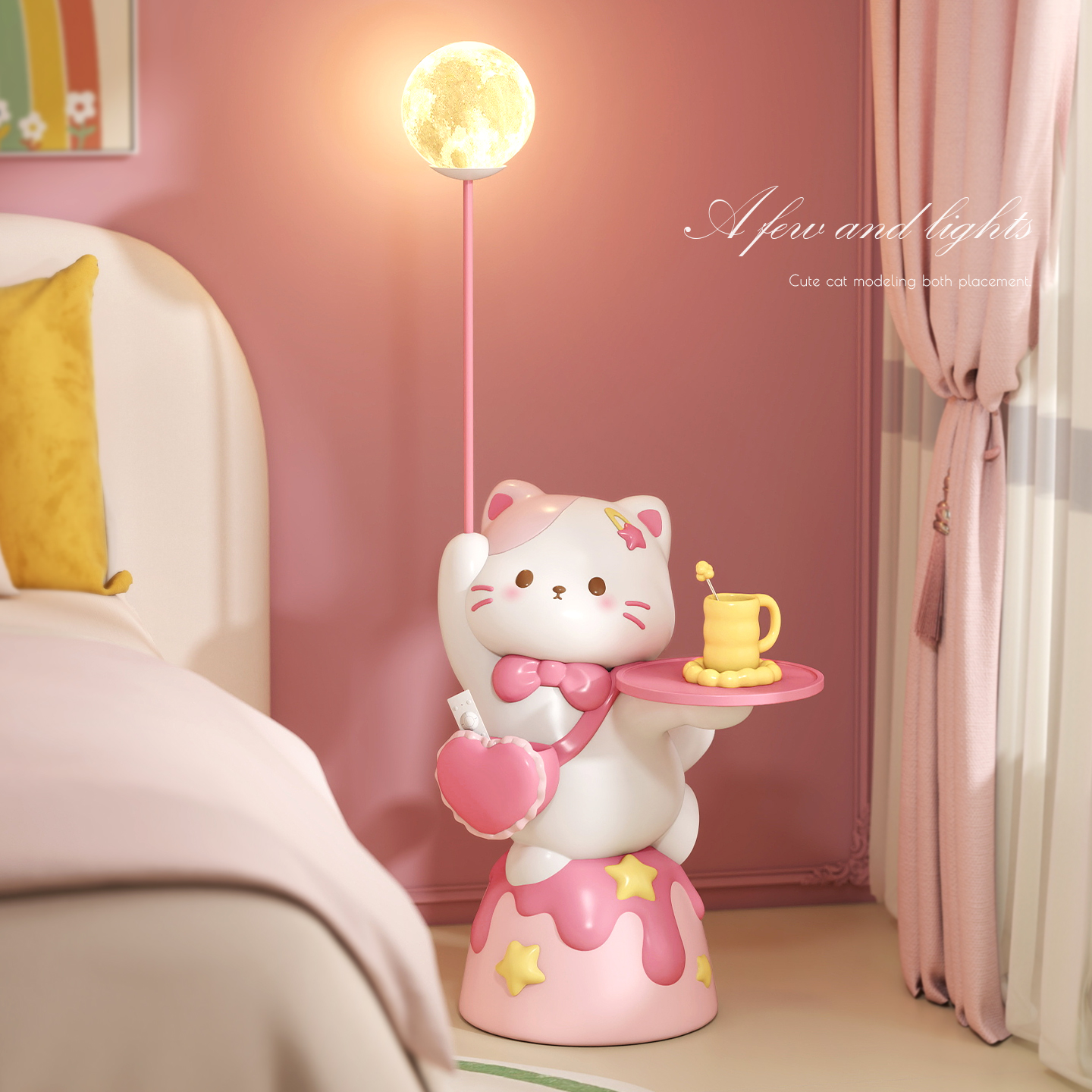 可爱卡通猫咪床头柜带灯一体