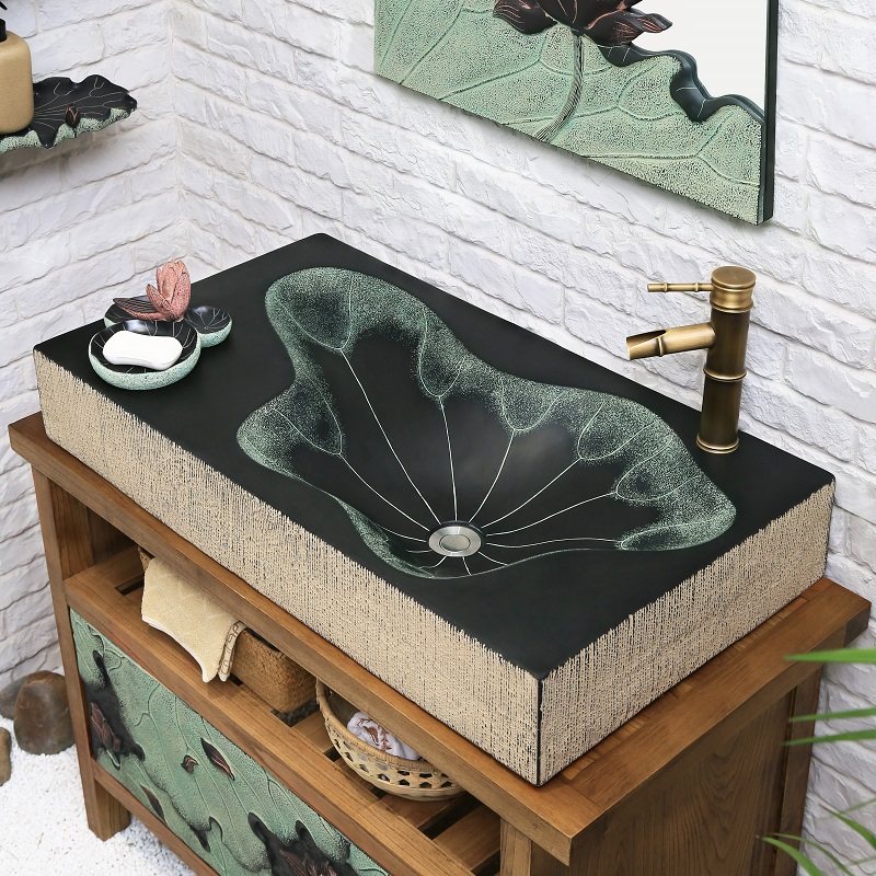 创意新中式仿古洗手盆卫生间家用台上盆复古方形荷花洗漱盆单盆