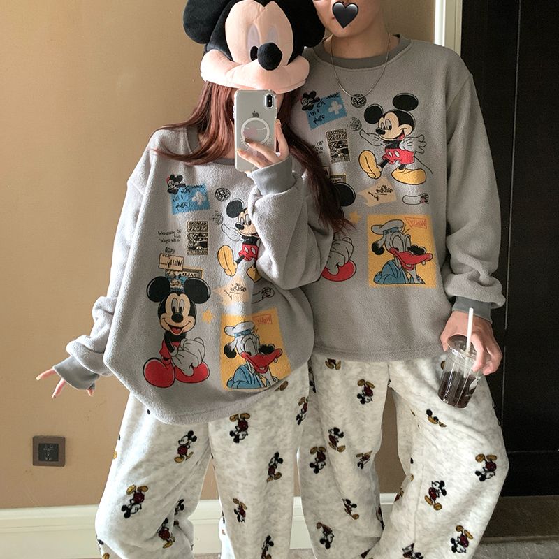 卡通米奇情侣睡衣女秋冬季珊瑚绒加绒厚保暖男士可外穿家居服套装