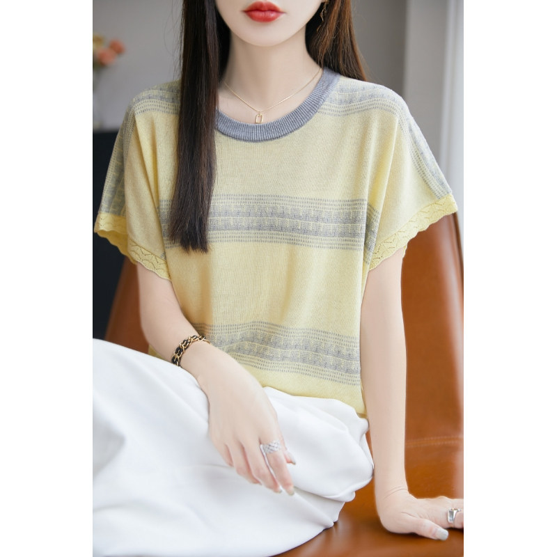 2025新款夏季冰丝针织短袖女设计感小众上衣条纹t恤女款YD003