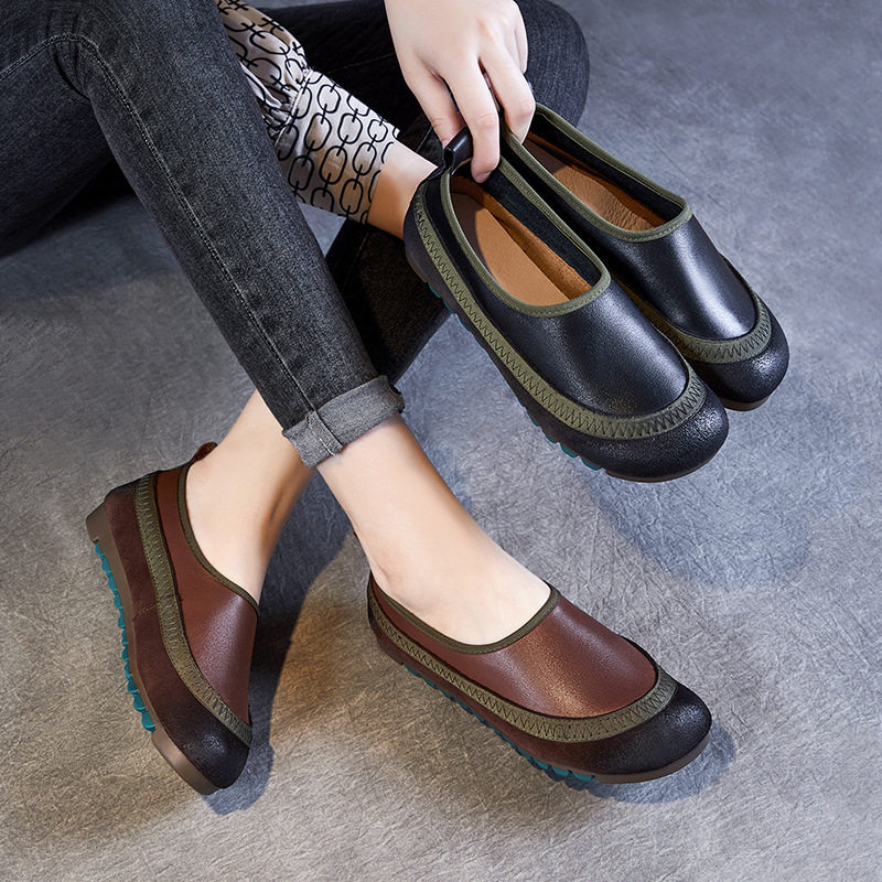 414243大码春秋浅口一脚蹬懒人平底手工软底拼色头层真牛皮女单鞋,女鞋,时尚休闲鞋,淘宝优惠券,粉丝福利购,淘宝优惠卷