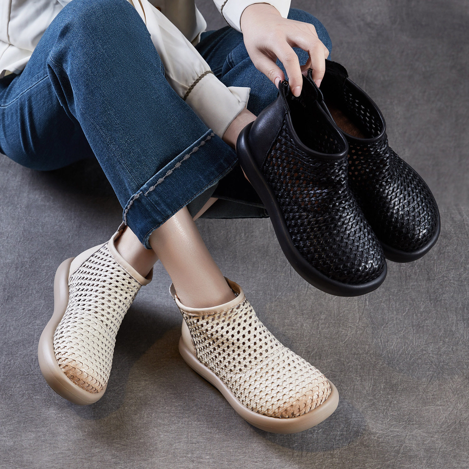原创复古圆头编织镂空真皮凉靴厚底洞洞鞋2026春夏新款罗马凉鞋