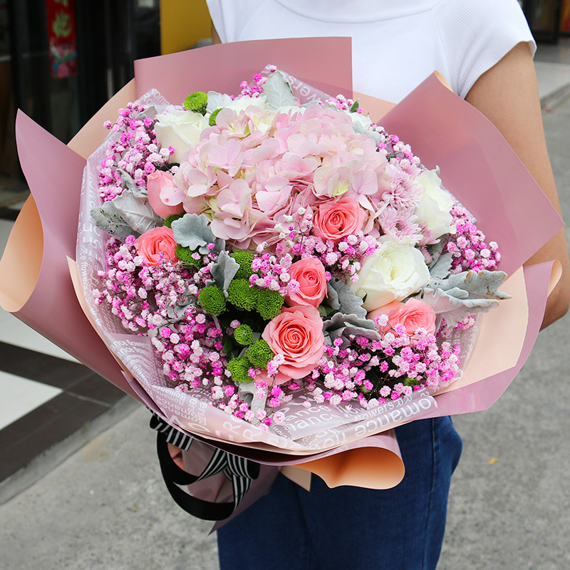 长春鲜花速递混搭绣球玫瑰花束四平辽源通化白山松原同城生日送花