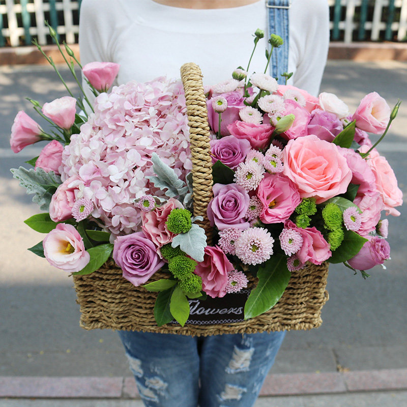 玫瑰花绣球手提花篮南宁合肥重庆西安鲜花速递同城开业生日送花店