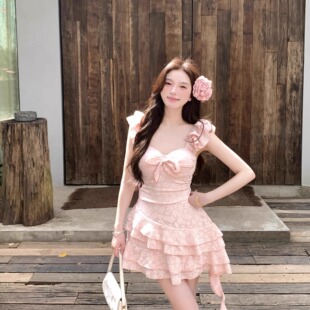 显瘦遮肚温泉度假泳装 2026新款 甜美樱花粉少女纯欲连体泳衣小飞袖