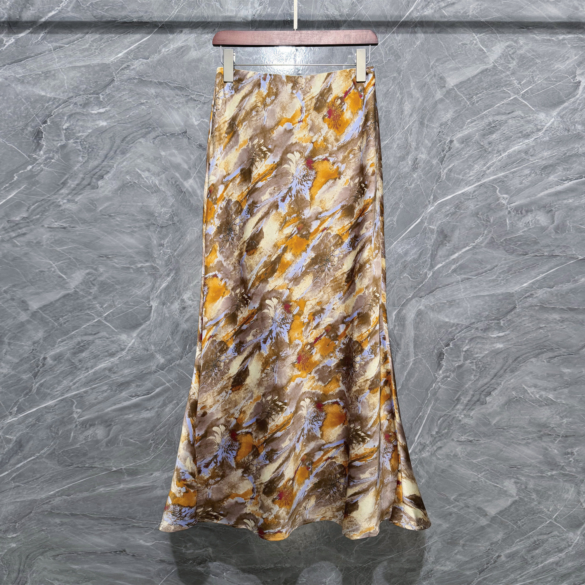 高腰印花鱼尾半身裙女中长款松紧腰艺术印花裙休闲A型裙