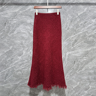 秋冬小香红色羊毛呢亮片流苏半身裙法式复古气质弹力高腰鱼尾长裙