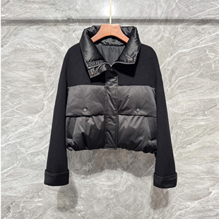 2025欧洲站冬季女翻领拼接双面羊毛呢短款白鹅绒羽绒服小个子外套