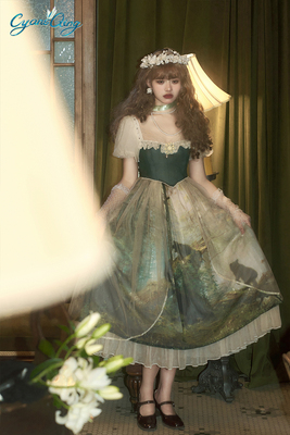 青lo夏季洛丽塔绿色油画裙松树林