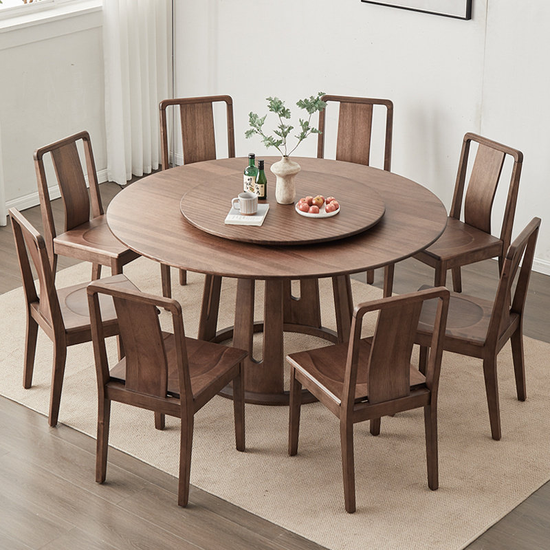 实木圆桌黑胡桃木餐桌椅组合现代简约家用大小户型带转盘圆形餐桌