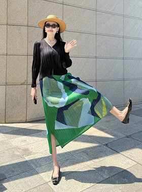 Issey Miyake/三宅一生 褶皱新款时尚百搭宽松显瘦半身裙女印花