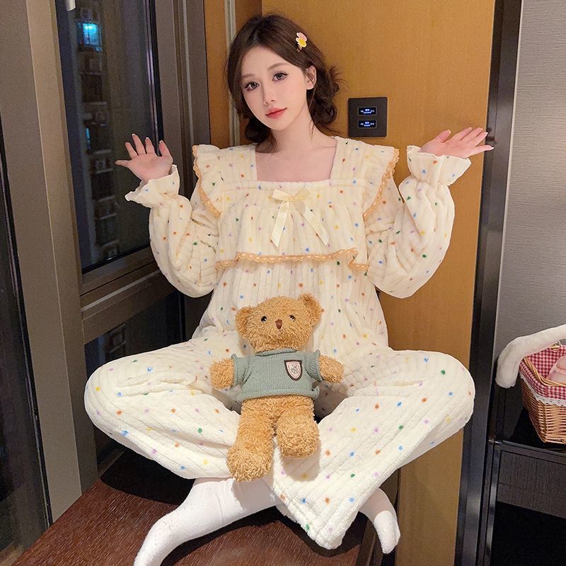 珊瑚绒睡衣女韩版秋冬季甜美可爱亲子家庭装