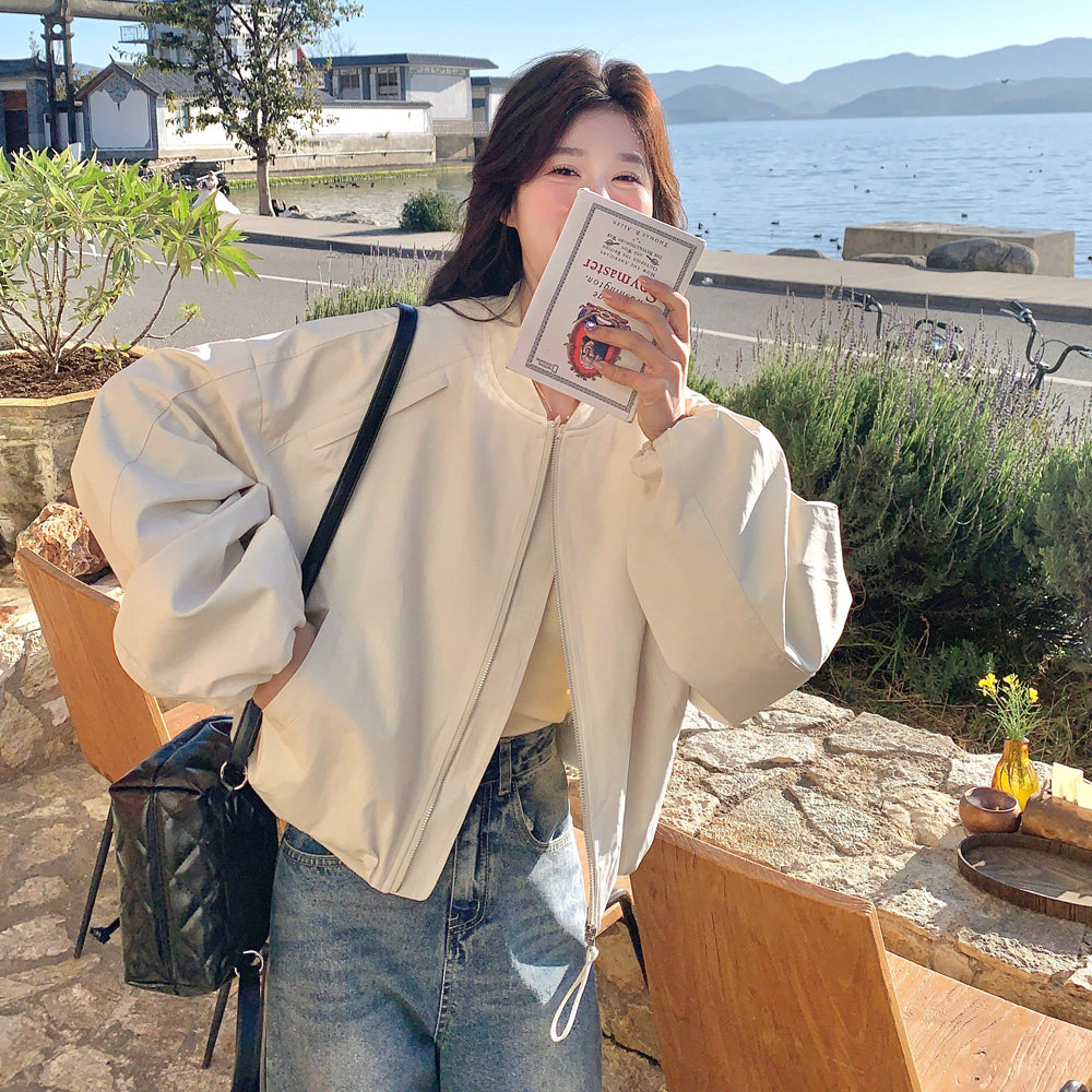 米白色宽松休闲棒球服外套女2025春季新款韩系小个子短款百搭上衣,女装短外套,2C100