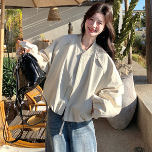 米白色宽松休闲棒球服外套女2025春季新款韩系小个子短款百搭上衣图片