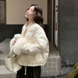 2025冬季新中式提花羽绒服女优雅感可脱卸真狐狸毛白鸭绒日系外套，女装羽绒服，2C100