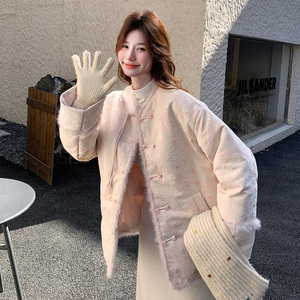 浅粉色国风印花短款羽绒服女冬季高级感气质加厚保暖90白鸭绒外套图片