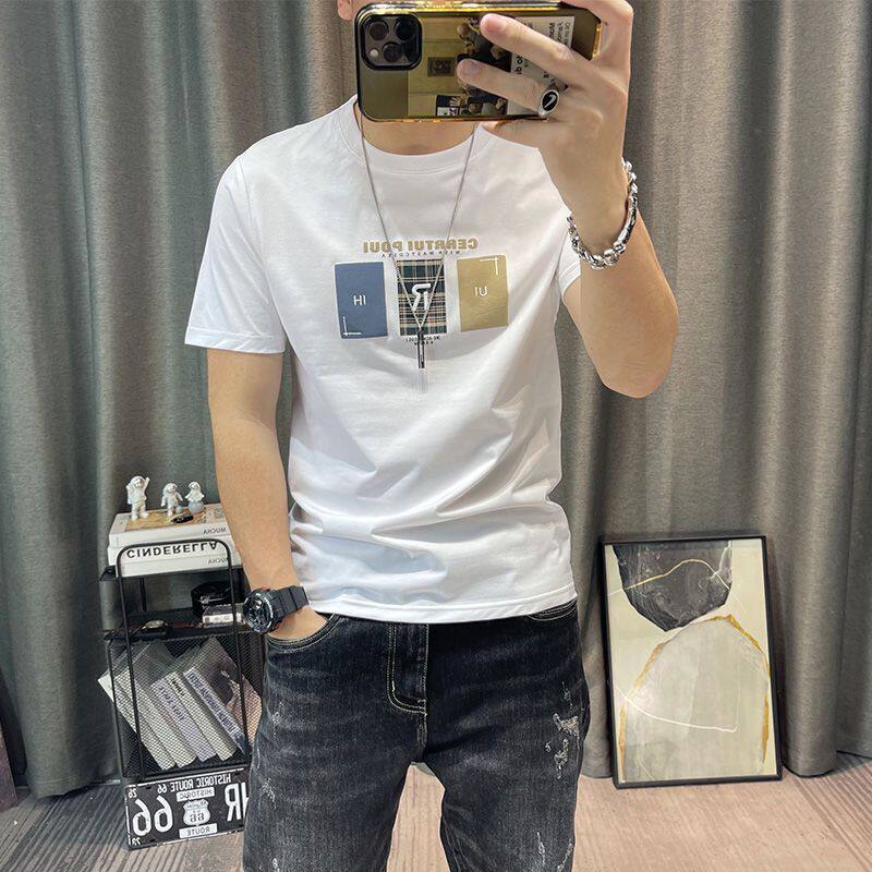 欧货男装2022新款短袖T恤男纯棉潮牌简约印花体恤圆领夏天短袖男T