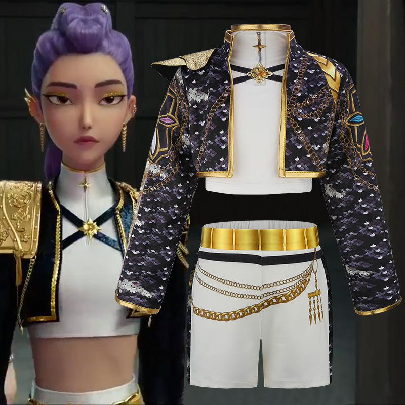 kpop猎魔女团cos服儿童Rumi鲁米Mila米拉Zoey佐伊黑金印花打歌服