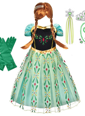 夏季外贸新款女童连衣裙冰雪奇缘艾莎公主裙安娜绿色安娜蓬蓬裙子