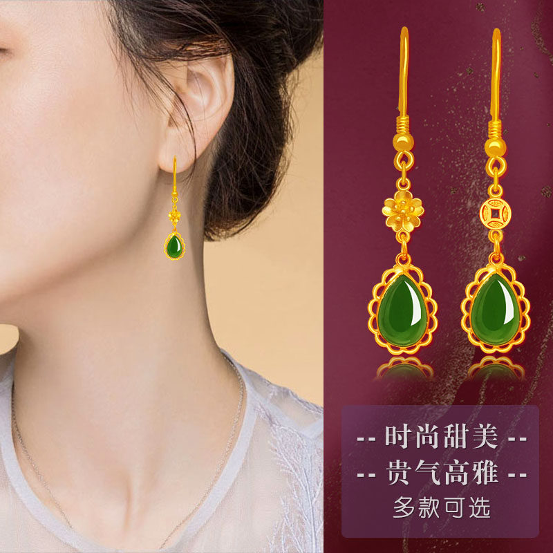 正品999黄金足金镶玉和田玉碧玉耳坠女蕾丝花边女款时尚纯金耳饰_虎窝淘
