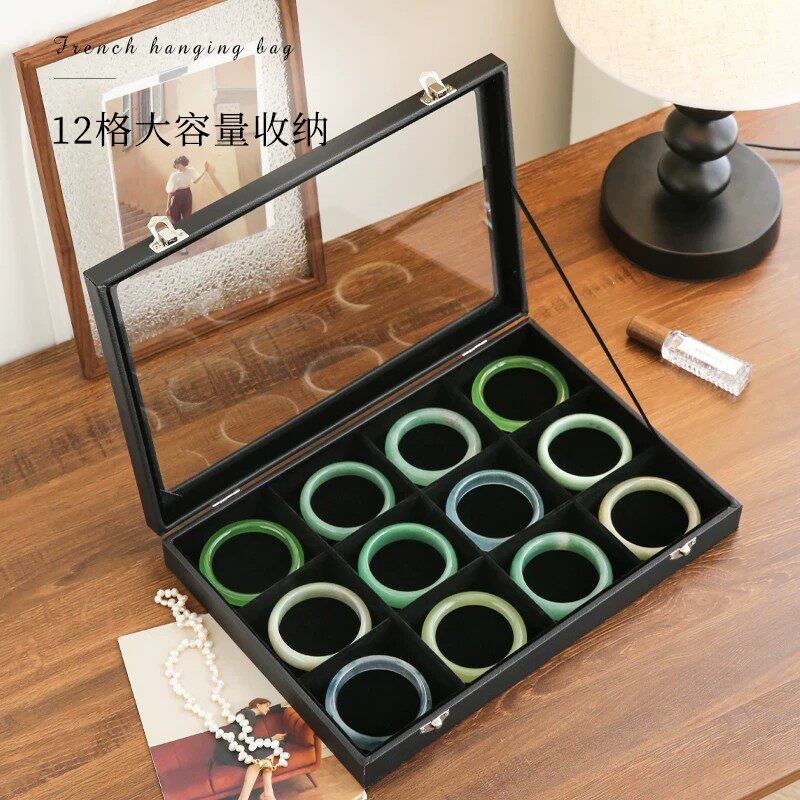 高级感黑色手镯收纳盒玉镯手链项链首饰展示盒透明盖大容量整理箱