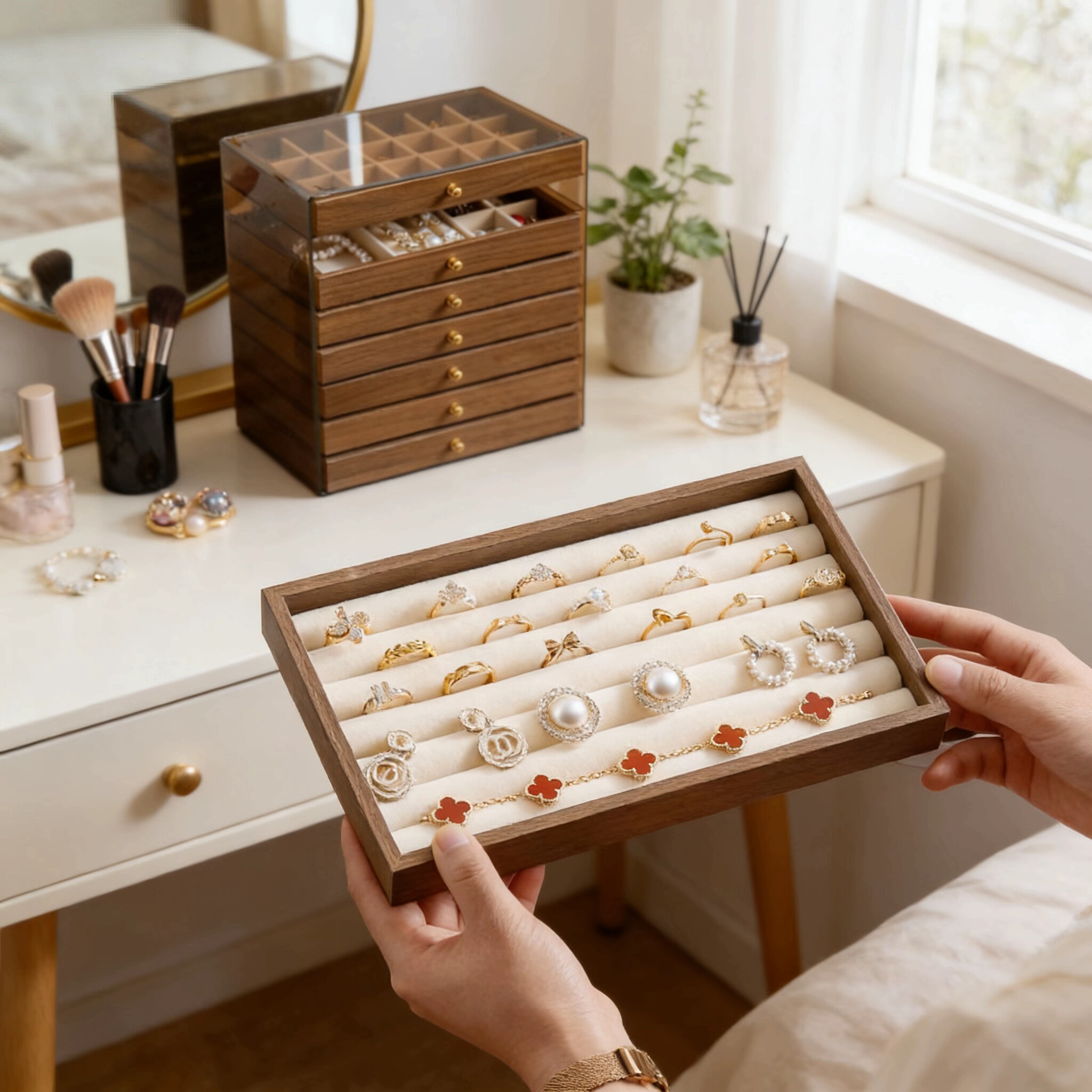 复古胡桃木纹首饰收纳盒多层抽屉式防氧化珠宝盒精致女生爱意礼物