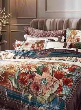 富安家纺2024春夏款双丝真丝四件套色织大提花国绣工艺复古向日葵