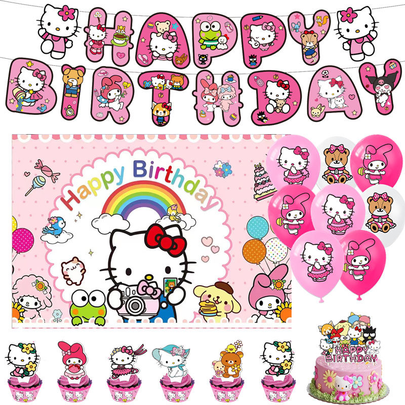 kitty凯蒂猫三丽鸥主题生日派对布置背景墙挂布海报拉旗气球装饰