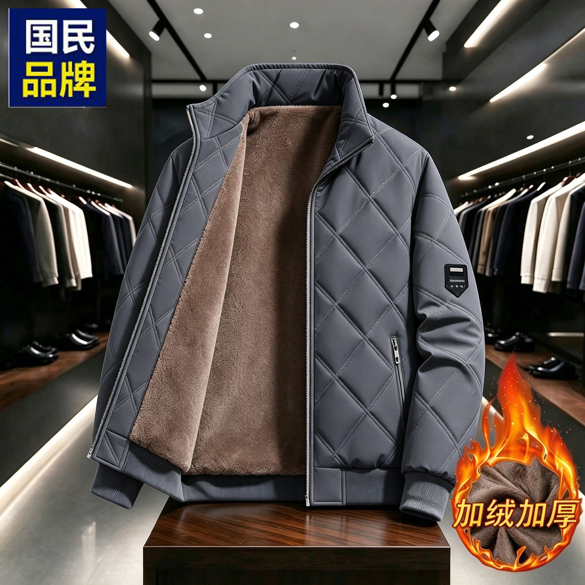 男士加绒加厚立领棉衣冬季菱格纹保暖休闲户外棉服外套