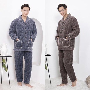 新款 专柜正品欧林雅男士睡衣 加厚夹棉保暖家居服套装 FJN6123