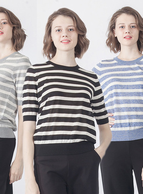 新款 专柜正品欧林雅女士打底衣 条纹短袖单衣 外穿百搭款FY92203