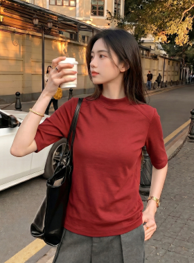 正肩红色半高领中袖t恤女夏季2026新款修身显瘦巨好看七分袖上衣