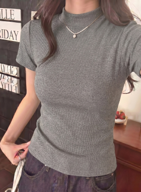 灰色半高领短袖t恤女夏季2026新款螺纹针织修身显瘦正肩半袖上衣