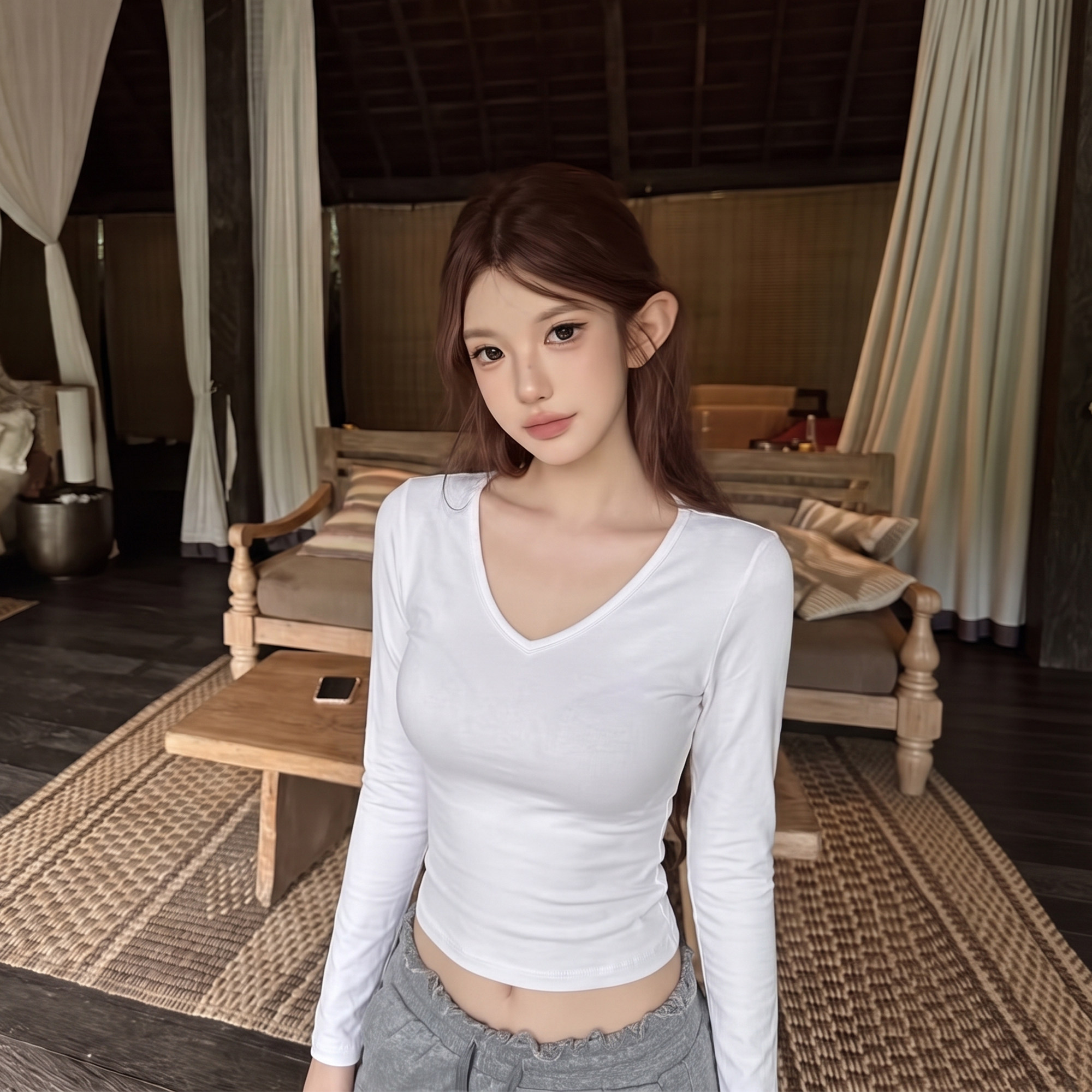 纯棉短款白色V领长袖上衣女秋季图片