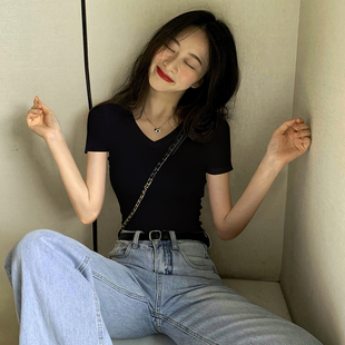 显瘦打底内搭半袖 纯棉黑色v领短袖 正肩修身 t恤女夏季 上衣 2025新款