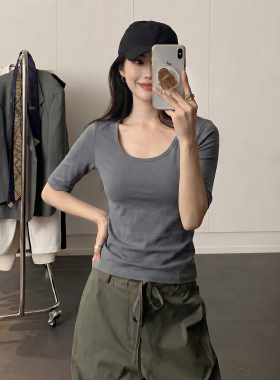 莫代尔露背灰色U领中袖t恤女夏2026新款修身正肩五分袖冰丝上衣