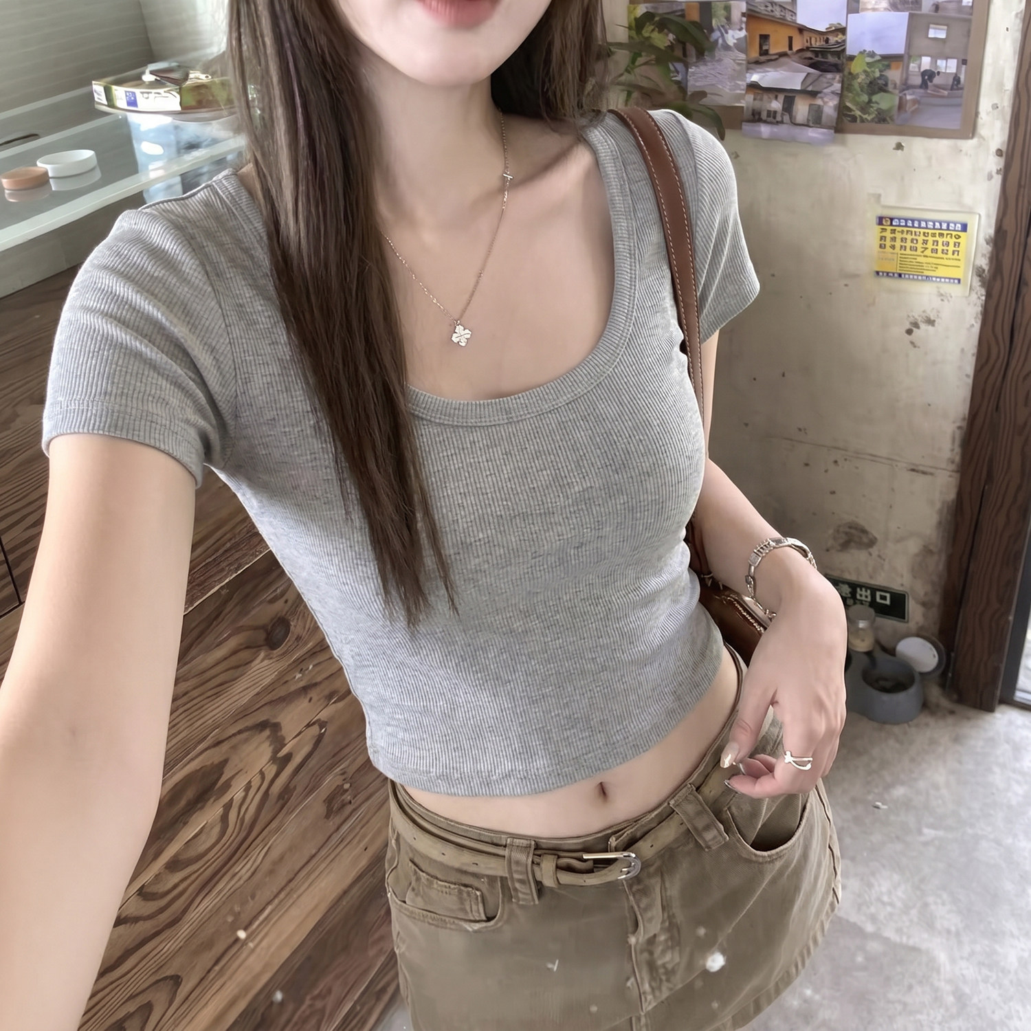 螺纹针织U领短款短袖t恤女夏季
