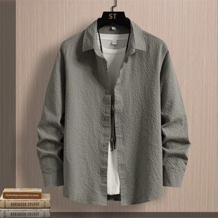 泡泡纱长袖衬衫男春秋季百搭早秋上衣夏季薄款韩版肌理感衬衣外套