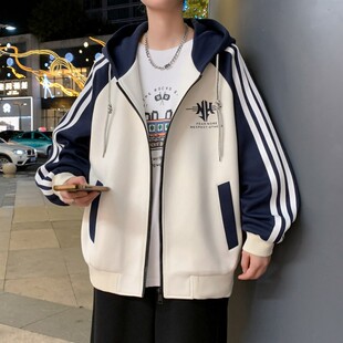 春季大童拉链港风外套青少年学生开衫卫衣宽松男生拼接条纹夹克衫