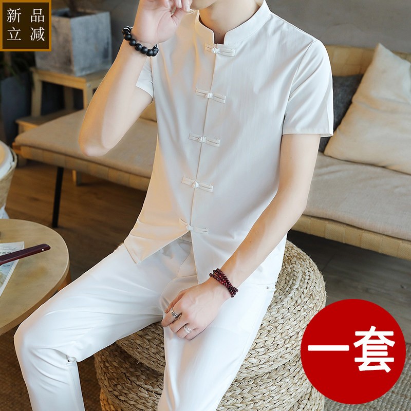 中国风男装夏季中山装套装立领短袖T恤男士潮流冰丝唐装汉服一套
