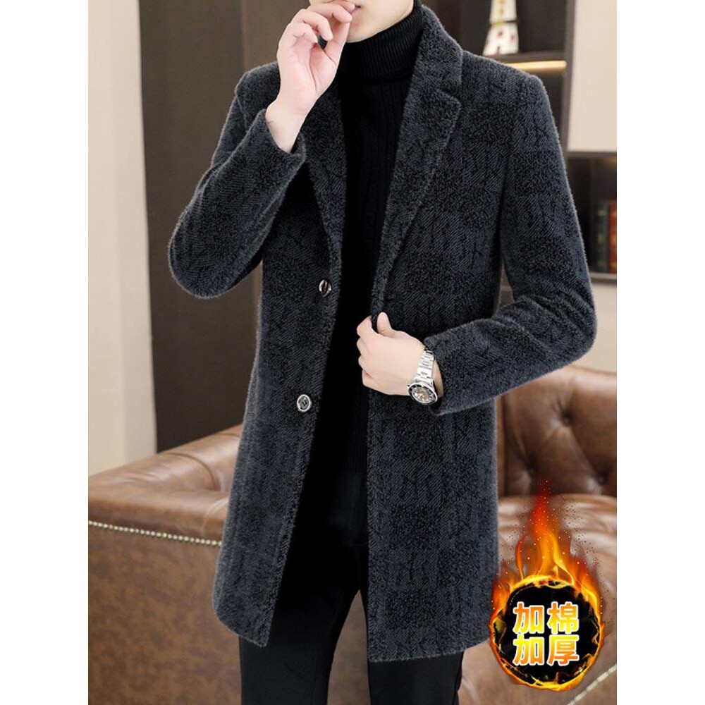 中长款毛呢大衣男秋冬季加棉加厚西装领呢子风衣高级感金貂绒外套