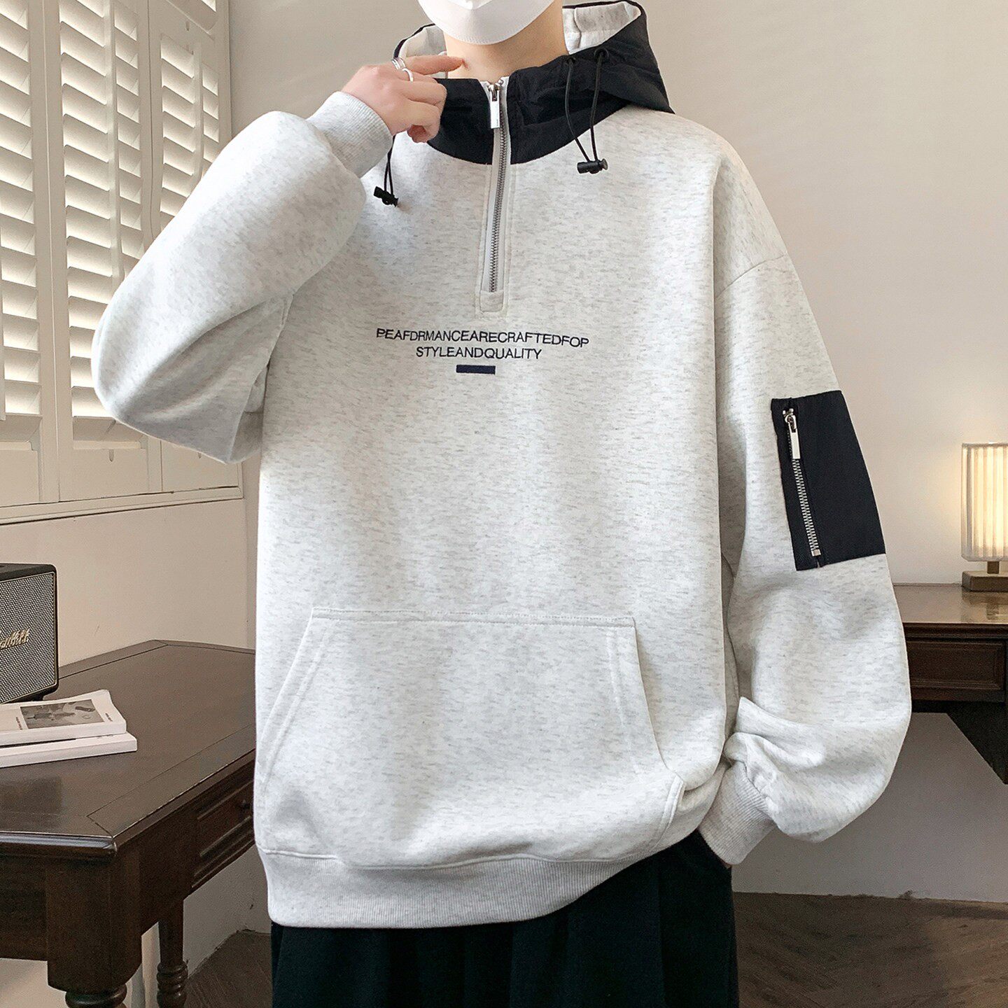 半开襟拉链卫衣男春秋季2026新款连帽宽松衣服袋鼠兜字母美式外套