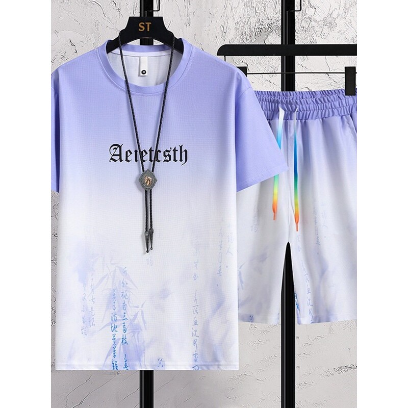 渐变色冰丝短袖短裤套装男夏季薄款青少年休闲运动一整套衣服搭配